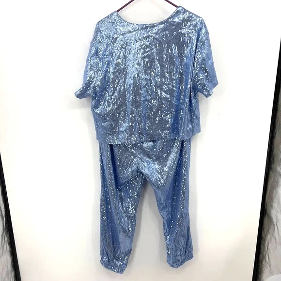 Nina Parker Light Blue Full Sequin Jogger Pant Top Matching Set Plus Size 1x - Picture 3 of 11